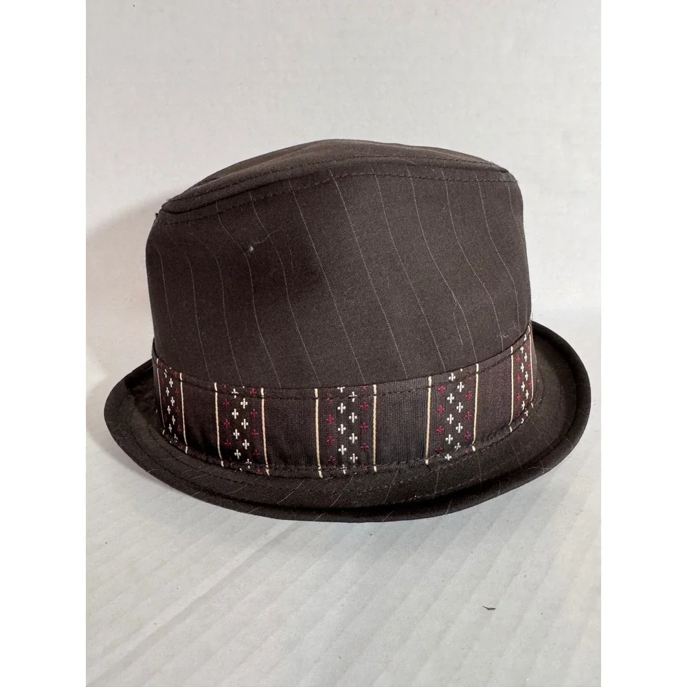 Goorin Bros Brown Pinstripe Wool Blend Fedora Hat Small Brass Logo Pin Band